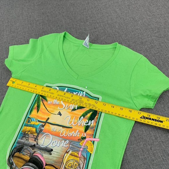 Gildan Heavy Cotton Neon Green Graphic T-Shirt Small V-Neck "Relaxin in the Sun - Picture 6 of 13
